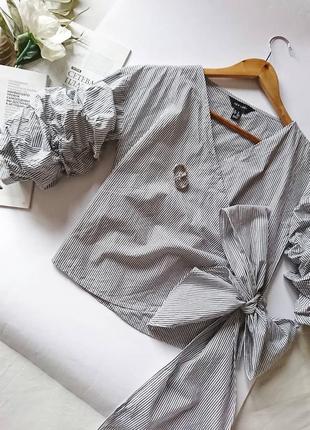 Шикарна котонова блуза в смужку на запах з об'єднання ємними рукавами😍 new look, р. xs/s2 фото