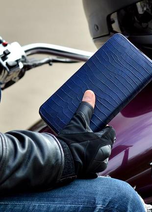 Гаманець унісекс синій, натуральна шкіра з тисненням під рептилію