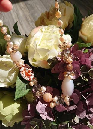 Красивые бусы колье из натуральных камней сердолик агат жемчуг хрусталь ожерелье