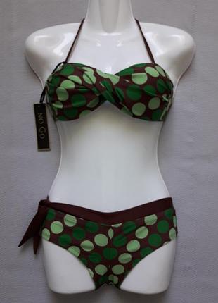 Классный раздельный купальник бандо перекрут принт горох no go