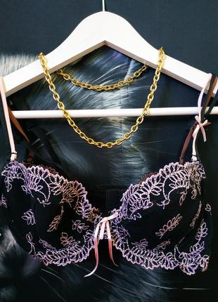 Бюстгальтер чорний мереживний ліфчик з срібними пелюстками новий 70 75