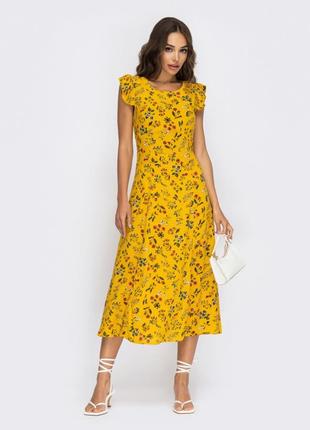 Легкое летнее штапельное длинное платье миди ниже колен желтое в цветочный принт2 фото