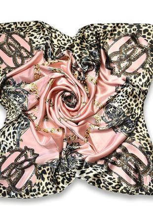 Платок шелковый розовый с леопардовым принтом, 90*90см.