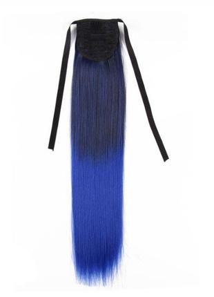 Шиньон синий омбре, прямой хвост на ленте синий