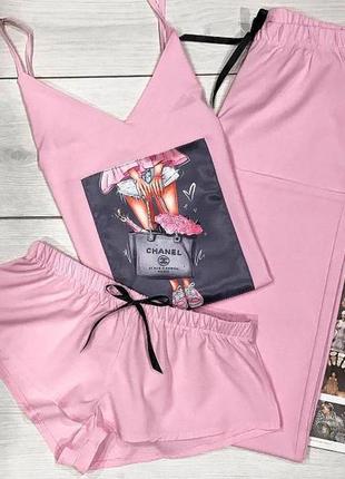 Розовая пижама для девушек комплект-тройка1 фото