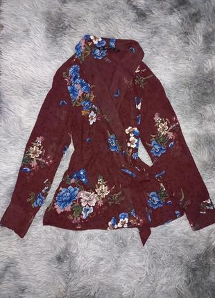 Трендовая шифоновая блуза топ кимоно на запах в цветочный принт 🤎🦋1 фото