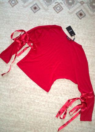 36-38р. красная свободная блузка с атласными лентами на рукавах bessini3 фото