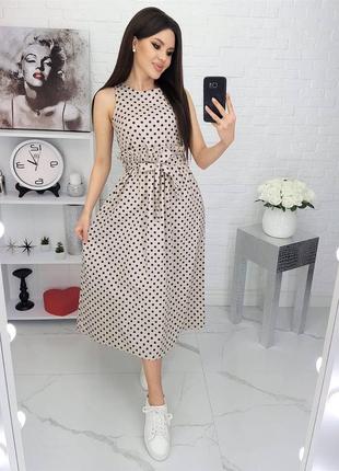 Платье миди горох коттон с поясом