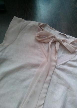 Пудрова лляна блуза з бантом