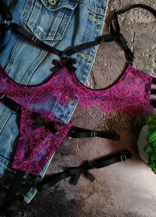Сексуальный эротичный малиновый розовый черный кружевной комплект белья💜6 фото