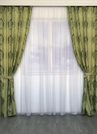 Вишукані штори лляні 150x270 cm (2 шт) зелені10 фото