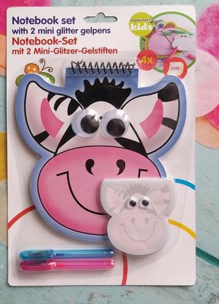 Детский блокнот и стикеры в виде животных с "живыми глазками"+ 2 ручки