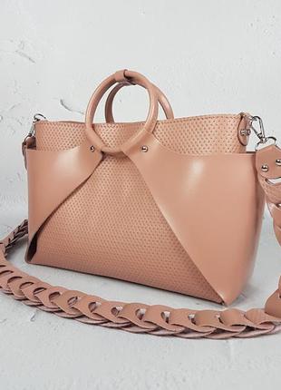 Сумка з круглими ручками шкіряна, рожева матова з плетеним ременем 1685