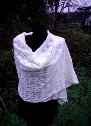 Білий плетений мохеровий палантин, широкий шарф4 фото