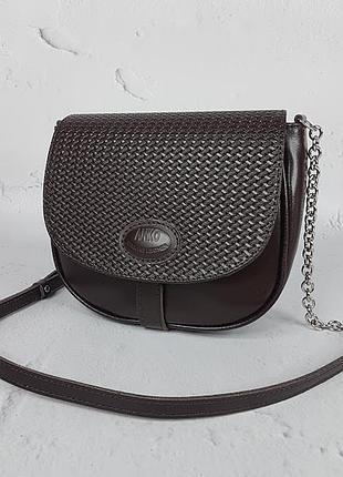 Сумка клатч, кросс-боди женская через плечо кожаная, шоколадная матовая с плетенкой 1656