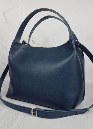 Сумка женская большая натуральная кожа, синяя рептилия 1609