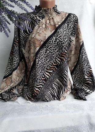 Блуза леопард звери африки принт на резинках водолазка широкий рукав