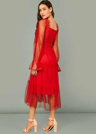 Червоне фатиновое ярусну плаття міді з прозорими об'ємними рукавами8 фото
