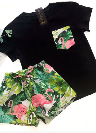 Женская хлопковая пижама футболка и шорты фламинго и листья размер s-m,l-xl,