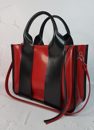 Сумка женская большая кожаная, комбинированная красная/черная 1639-1