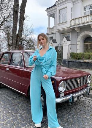 Летний костюм тройка лён жатка рубашка с брюками брюки топ