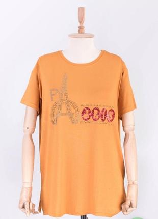 Стильна помаранчева футболка з малюнком і написом стразами великий розмір батал оверсайз3 фото