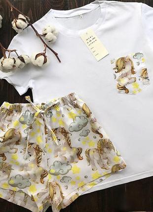 Стильна бавовняна піжама єдиноріг, шорти+футболка1 фото