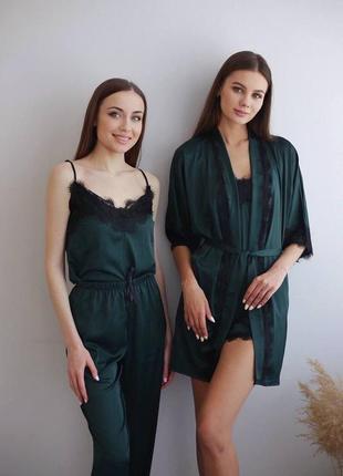 Шовковий комплект 4ка з мереживом зелений халат майка штани шорти