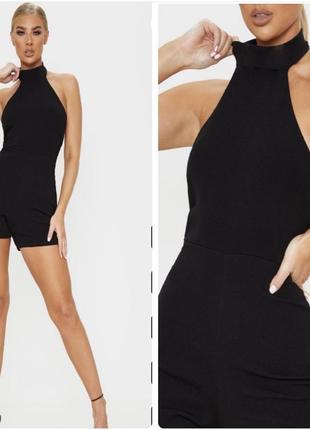 Prettylittlething чёрный базовый комбенизон с высоким воротом и обтягивающим силуэтом