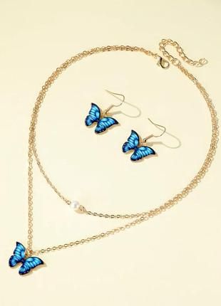 Набір сережки підвіска метелик комплект бижутерный сережки ланцюжок кольє намисто метелик3 фото