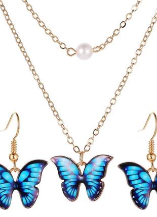 Набір сережки підвіска метелик комплект бижутерный сережки ланцюжок кольє намисто метелик1 фото