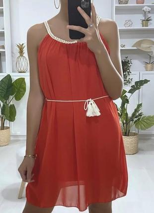 Платье сарафан красное легкое лёгкое летнее с ремешком с открытым плечами2 фото