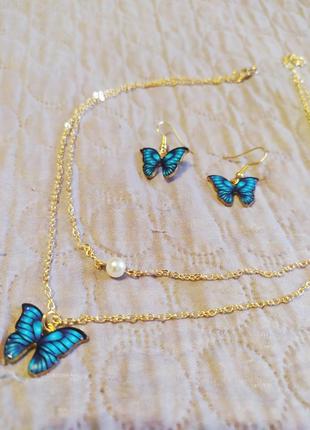 Набір сережки підвіска метелик комплект бижутерный сережки ланцюжок кольє намисто метелик8 фото