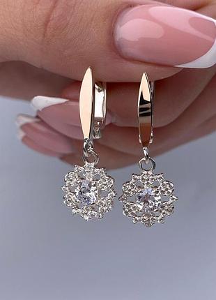 Серебояные серьги с золотыми напайками, 925, фианит