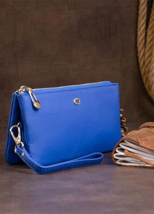 Клатч кожаный светло-синий, темно-голубой с ремешком натуральная кожа флотар1 фото