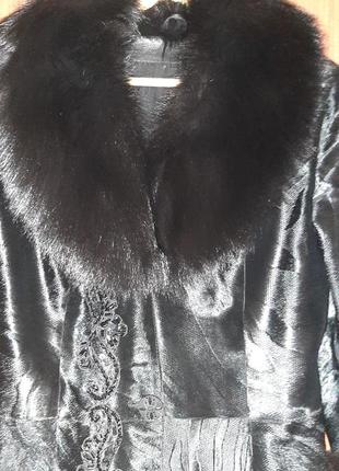 Длинное пальто кожаное, кожа пони, мех2 фото