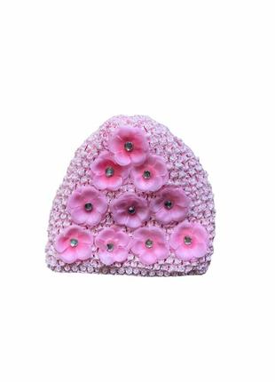 Річна рожева шапочка для дівчинки з квітами і стразами