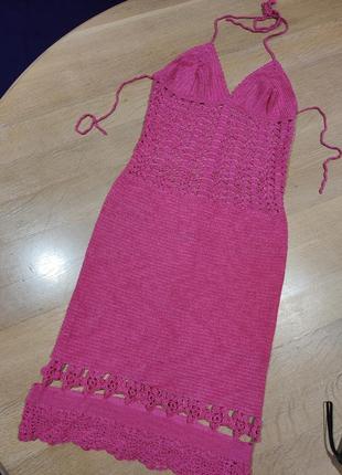 В'язаний сексуальний рожевий сарафан ручної роботи в техніці кроше з відкритою спиною, плаття рожеве3 фото
