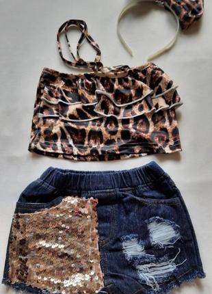 Костюм леопардовий шорти джинсові з паниками топ обруч2 фото