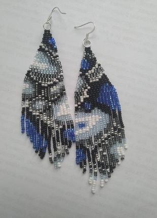 Серги сережки ручної роботи з бісеру підвіски абстракція ультрамарин