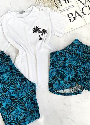 Стильна бавовняна піжама трійка, домашній костюм/штани+шорти+футболка/пальма