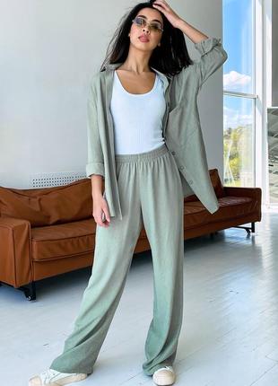 Легкий🌿костюм🥰оверсайз с широкими брюками и рубашкой оливковый 3 цвета