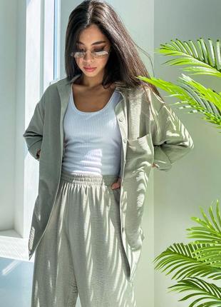 Легкий🌿костюм🥰оверсайз с широкими брюками и рубашкой оливковый 3 цвета