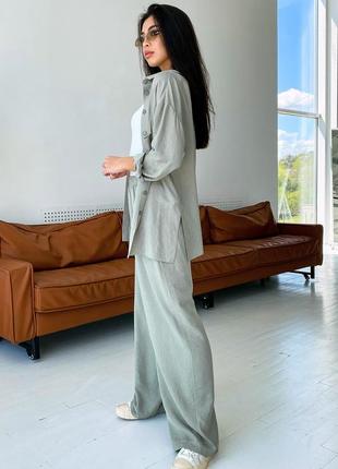 Легкий🌿костюм🥰оверсайз с широкими брюками и рубашкой оливковый 3 цвета