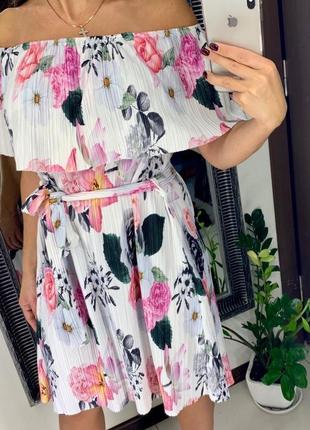 👗привлекательное платье в цветок с поясом/платье жатка с рюшами/плиссированное платье👗
