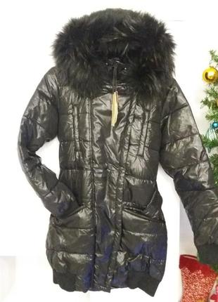 Пуховик пальто мех натуральный капюшон на пуху зимнее р. l1 фото