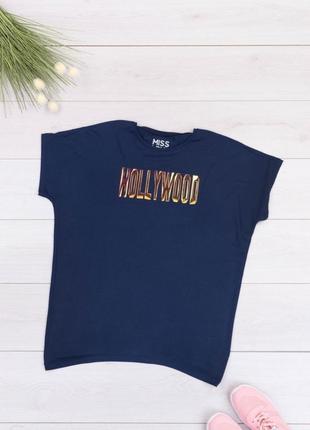 Стильная синяя футболка с надписью оверсайз большой размер батал