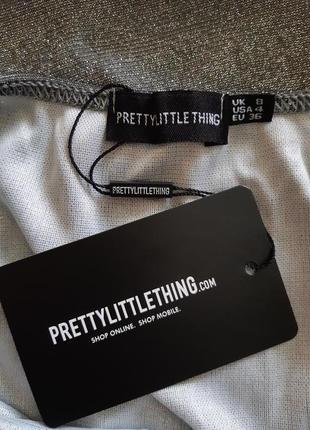 Блестящее, серебристое мини платье по фигуре на бретелях prettylittlething10 фото