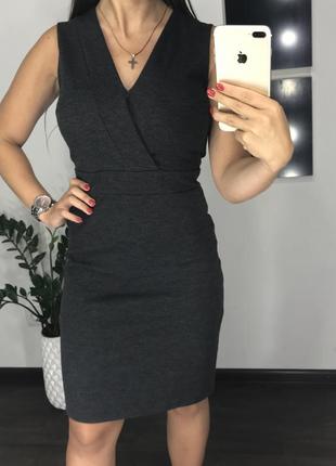 👗серое платье миди с декольте на запах/тёмно серое строгое классическое платье в офис👗