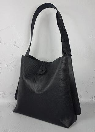 Кожаная женская сумка, натуральная кожа матовая под рептилию, черная3 фото